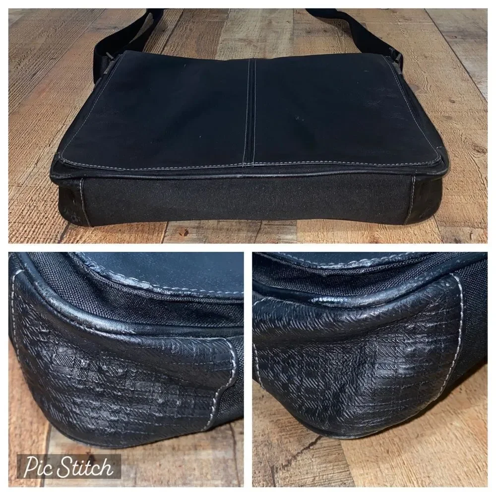 Boconi Black Leather Garth Slim Mailbag Messenger Laptop Bag with Shoulder Strap